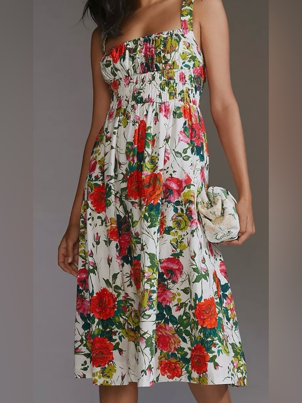 Anthropologie Corset Midi Dress Pink & Orange Floral Print 16W 100% cotton NWT